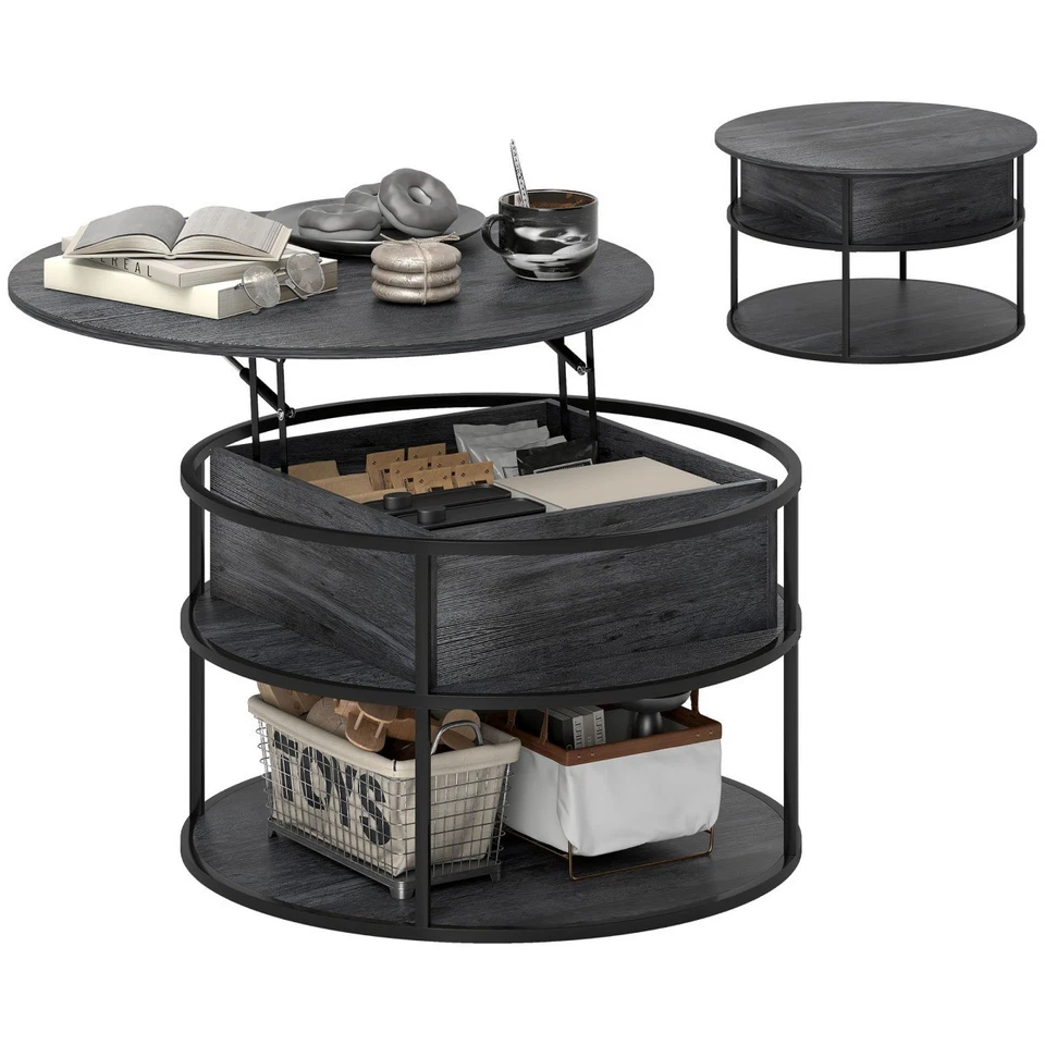 Lift Top Coffee Table Round Coffee Table with Hidden Storage - Grey