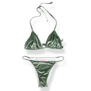 Victoria Secret Swimsuit Green Velour Logo Bikini 2 Piece Bottom Medium Top XL - Picture 1 of 11