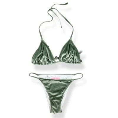 Traje de baño Victoria Secret verde terciopelo logotipo bikini 2 piezas parte inferior mediana parte superior XL Foto 1 de 4