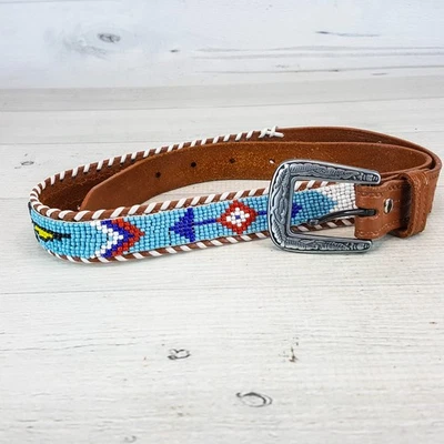 Cinturón vintage con cuentas Thunderbird semilla cuero genuino marrón LG 27-31" Foto 1 de 4