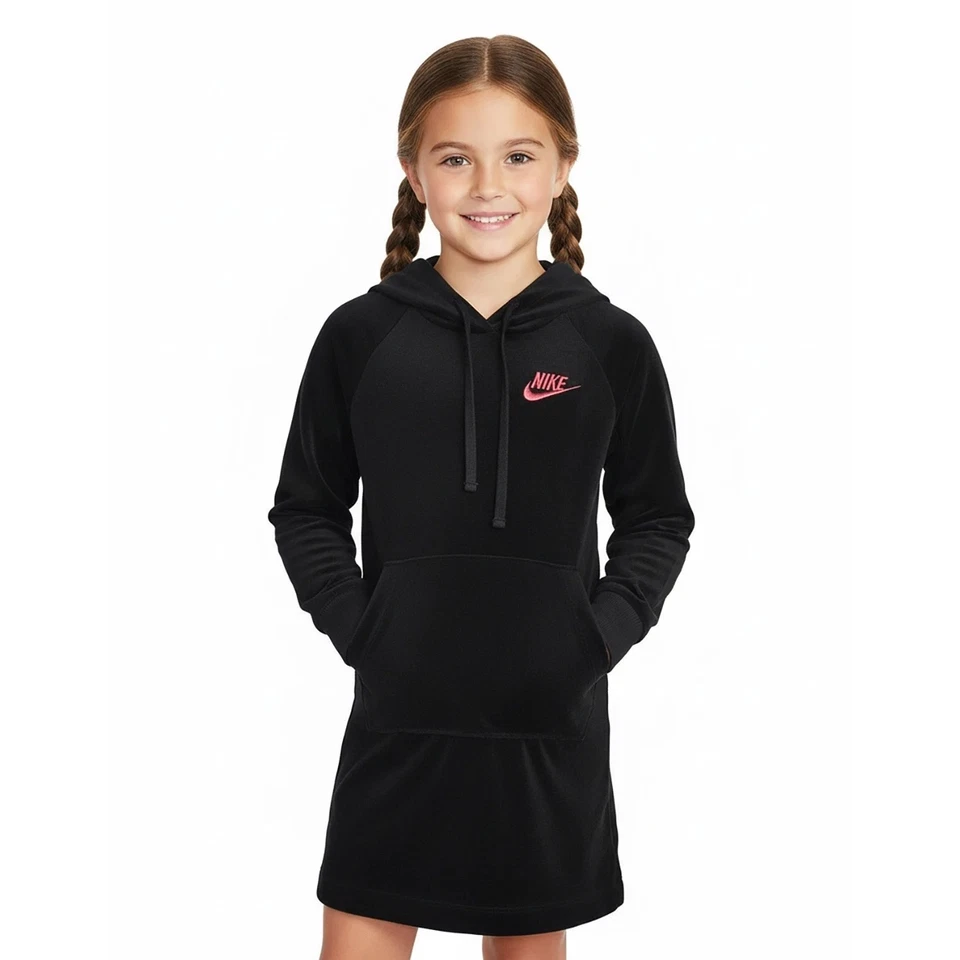 NIKE Girls Hooded Velour Dress Black Long Sleeve Size 6