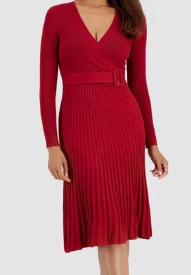 Robbie Bee Women's Red Belted Pleated V-Neck Sweater Dress Petite Size PL - Image 1 of 2