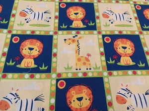 1 Yard LIONS/GIRAFFES/ZEBRAS Fabric, in Blue/Yellow/Green for Kids, Quilts - Picture 1 of 5