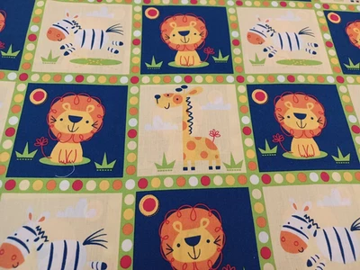 1 Yard LIONS/GIRAFFES/ZEBRAS Fabric, in Blue/Yellow/Green for Kids, Quilts - Image 1 of 4