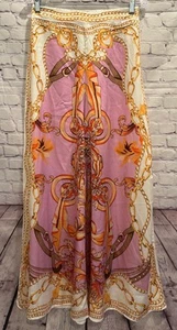 Her Bottari Women's Pink Ivory Gold Psychedelic Print Satin Wide Legs Pants M - Picture 1 of 16