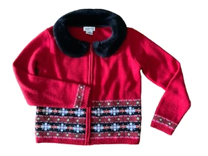 Green Dog Girl’s Red Cardigan Zip Up L/S Sweater Faux Fur Collar Vintage Size 8 - Picture 1 of 10