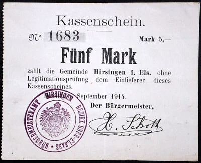 HIRSINGEN / HIRSINGUE 1914 5 Mark Early WWI German Notgeld France Upper Alsace - Image 1 of 2