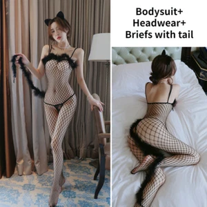 Women Net Bodysuit Catsuit Furry Trim Tail Sexy Sheer Crotchless Lingerie - Picture 1 of 11