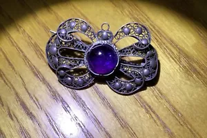 Vintage Victorian Brooch Pin or Pendant With Silver and Glass Cabachon Amethyst - Picture 1 of 4