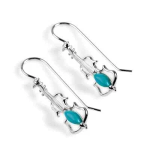 Natural Turquoise Gem Music Violin Shaped Hook Earrings in 925 Sterling Silver - Picture 1 of 6