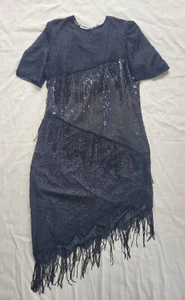 Vestido escala vintage años 70 80 hace 20 negro con cuentas lentejuelas seda aleta flecos XL - Imagen 1 de 15