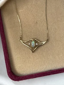 Ladies 14k Yellow Gold Diamond Art Nouveau Style Opal Necklace 18” - Picture 1 of 7
