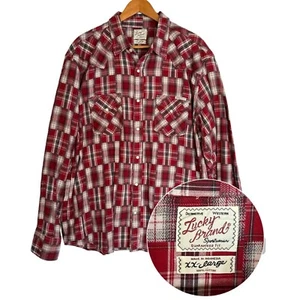 Lucky Brand Shirt Mens Red Plaid Pearl Snap Button Down Western Soft Cotton XXL - Picture 1 of 12