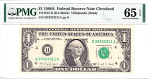 1988-A $1 FRN PMG 65EPQ Fancy 1/3 BINARY NEAR SOLID 6 DIGIT Serial #D33333311A - Picture 1 of 2