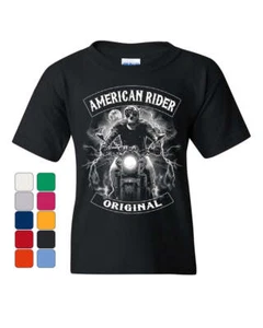 Original American Rider Youth T-Shirt Skull Face Route 66 Biker MC Kids Tee - Picture 1 of 7