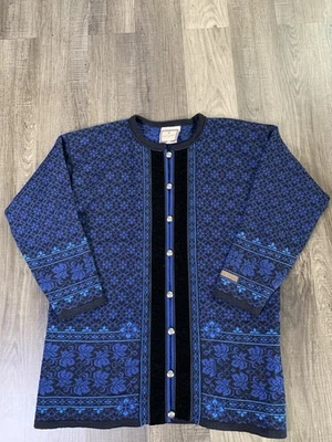 Cárdigan Suéter XL Azul Noruego Negro Terciopelo Dale of Norway Pura Lana Foto 1 de 4