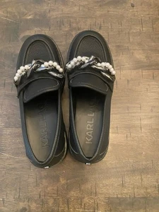 Karl Lagerfeld Women's Slip On Gemsy Black Leather Platform Loafer Shoes 8 - Picture 1 of 13