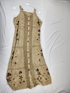 Magisches Boho besticktes Kleid mit Knopfleiste beige Blumen Indien Viskose freie Größe - Bild 1 von 17