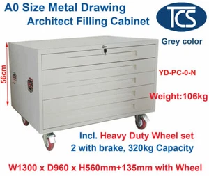 TCS GREY A0 PLAN 5 DRAWER ARCHITECT CABINET & WHEELS for Paper Posters Art Maps - Picture 1 of 10