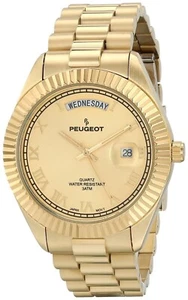 Peugeot 14K All Gold-Plated Day/Date Roman Numeral Stainless Steel Watch - 1029G - Picture 1 of 5
