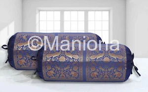 Indian Kantha Blue Silk Cover Yoga Round Cushion Cover Cylinder Bolster Pillow - Picture 1 of 6