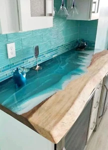Customize Ocean Wave Epoxy Resin Dining Table Top Handmade Wood Center Tabletops - Picture 1 of 11