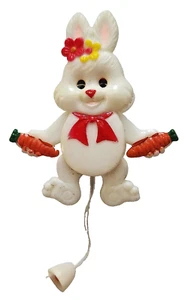 PIN Vintage PULL STRING White BUNNY RABBIT w Carrots 1970/80s MOVEMENT Brooch - Picture 1 of 4