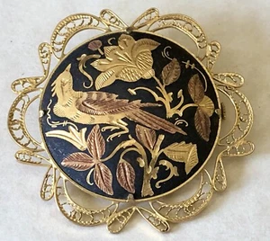 Vintage FILIGREE Damascene Black & Gold DELICATE Bird Flower Brooch Pin - Picture 1 of 4