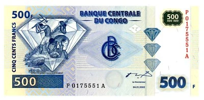 Congo Democratic Republic ... P-96 … 500 Francs … 2002 … *UNC* - Image 1 of 2