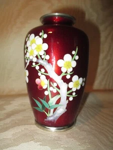 Vintage GINBARI Japanese Cherry Blossom RED  Cloisonné Vase 4.75 inches tall - Picture 1 of 6