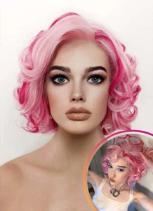 Pink Mixed Red Lace Front Wig Short Wave Curly Pink Wigs for Women Cosplay Party - Picture 1 of 10