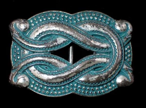 SMALLER SIZE VIKING STYLE SNAKE KNOTS BELT BUCKLE WITH GREEN PATINA VTG. 1970'S - Picture 1 of 2