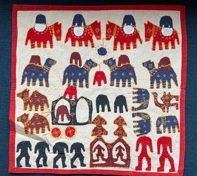 Cushion Cover Red India Tribal Elephant Camel Patchwork New Cotton Blue Brown - Image 1 of 4