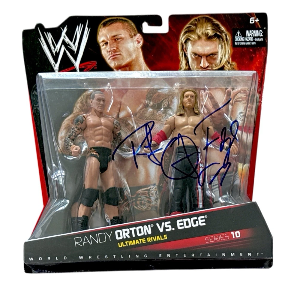 WWE EDGE Y RANDY ORTON FIRMADO ULTIMATE RIVALS PAQUETE DE 2 CON CERTIFICADO DE AUTENTICIDAD JSA MUY RARO Foto 1 de 3