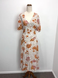 Pearl + Sea Womens Dress Size 6 White Brown Floral Leopard Print Maxi Rayon Boho - Picture 1 of 12