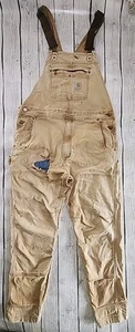 Carhartt Bib Overalls Mens 38x32 Tan 102987-211 Knee Thrashed Trashed Distressed - Picture 1 of 23