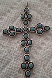 Vintage Sterling Turquoise Needlepoint Cross 7.88 Gr 2 3/4" - Picture 1 of 7