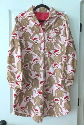 Nick & Nora Women's Pink Flannel Nightshirt Gown Medium Santa Sock Monkey Xmas - Image 1 of 4