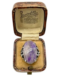 Antique Arts & Crafts Silver Bernard Instone Amethyst Leaf and Flower Ring M/N - Picture 1 of 20