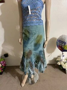 Falda Azul Denim Algodón Encaje Cuentas Bordado Volantes Talla M (6-8) SK733 - Imagen 1 de 6