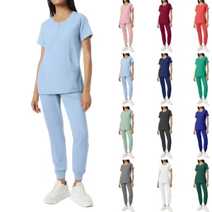 Women's Short Sleeved Solid Color Pocket Top Pants Work Clothes Two Piece Set - Picture 1 of 8