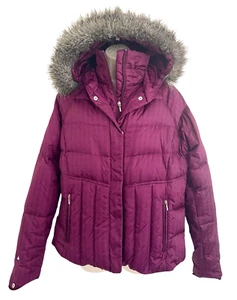Columbia Puffer Jacket Womens Sz XL Down Burgundy Zip Pockets Faux Fur Hood - Picture 1 of 12