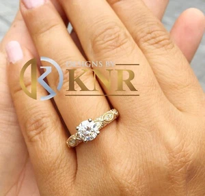 ROUND CUT MOISSANITE ENGAGEMENT RING 14K SOLID YELLOW GOLD BRIDAL RING 1.15CTW - Picture 1 of 9