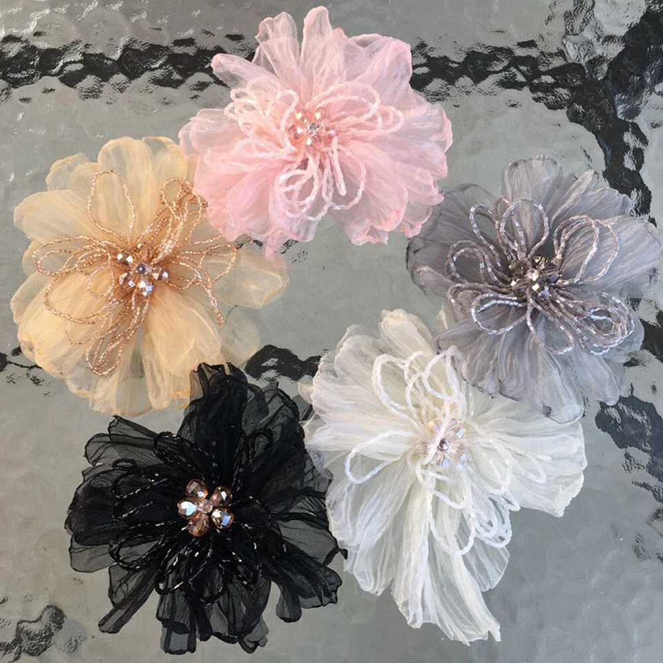1PC Beaded 3D Flower Patches Organza Applique DIY Headdress Clothes Decor Craft - Image 1 of 4