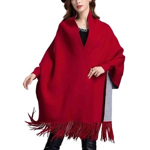 Women Long Batwing Sleeve Poncho Cape Scarf Knit Fringe Open Front Soft Coats - Picture 1 of 18
