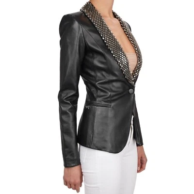 Blazer Chaqueta de Cuero con Tachuelas de Metal PHILIPP PLEIN COUTURE Negro Plata 13164 Foto 1 de 4