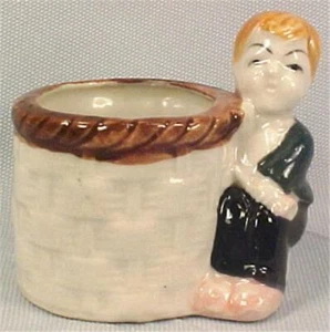 Toothpick Match Holder Nut Cup Little Boy & Basket Japan Sweet Vintage - Picture 1 of 3