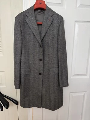 $4900 Isaia Napoli Men’s 100% Wool Luxury Herringbone Overcoat Grey US38R IT48 - Image 1 of 4
