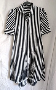 Zara Blue/Black and White Stripe Knee Length Shirt Dress Size M, High-Low Hem - Picture 1 of 8