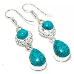 Firoza Turquoise Gemstone Handmade 925 Sterling Silver Jewelry Earring Size 2.1" - Picture 1 of 1